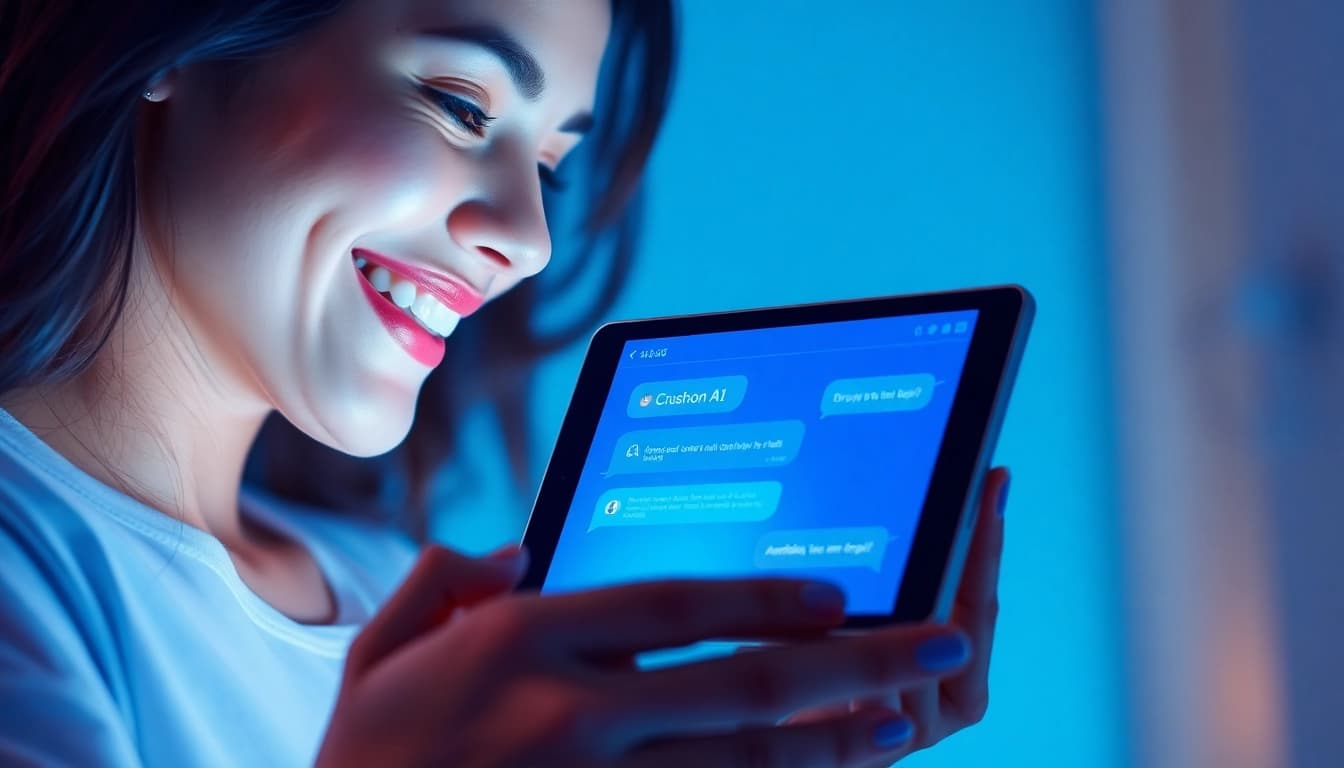 Engaging user interacting with Crushon AI on digital device, showcasing futuristic chat technology.