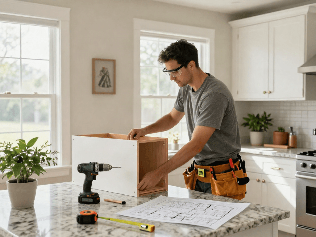 Professional contractor providing home repair services Des Moines Iowa in a modern kitchen renovation.