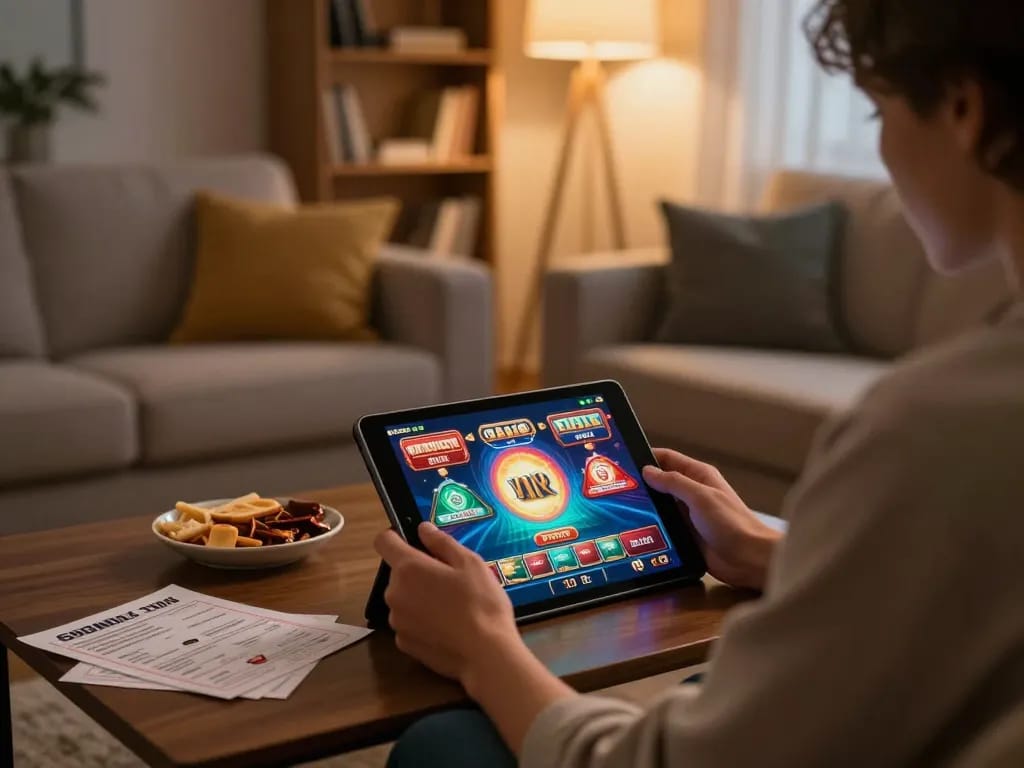 Nohu90 user enjoying online slot gameplay on tablet in a cozy home environment, emphasizing responsible gaming.