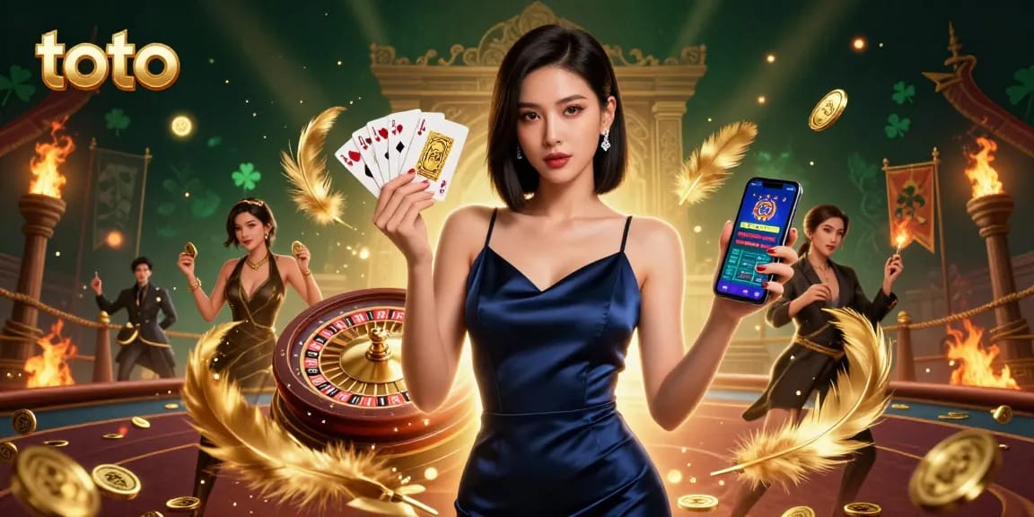 Engage in Toto gaming excitement with a stunning Asian woman confidently holding chips and a smartphone amidst a vibrant casino scene.