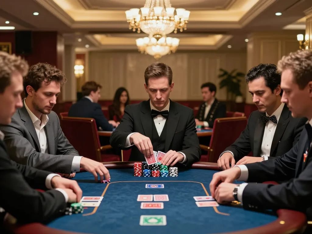 DH88 players strategically betting at an upscale poker table with intense focus and luxurious decor