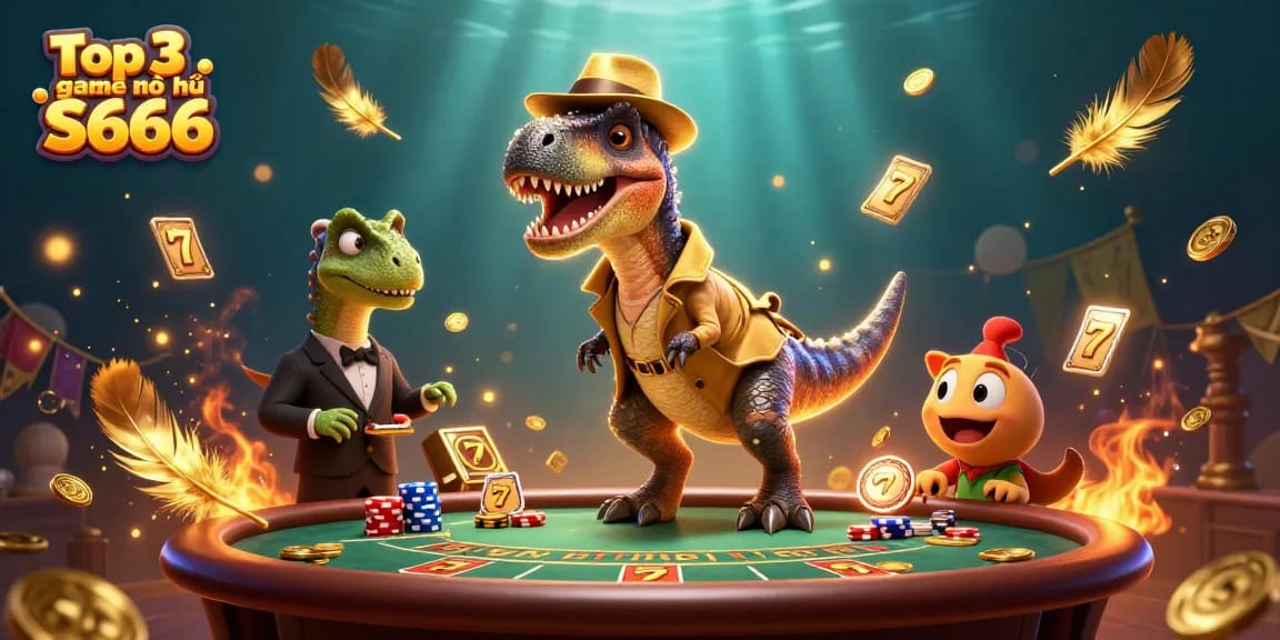 Experience the excitement of Top 3 game nổ hũ S666 with a dynamic scene of playful characters immersed in slots action.