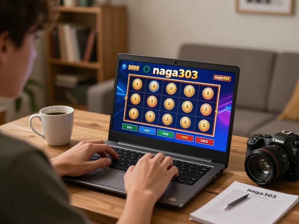 Engaging in naga303 slot online gameplay from a cozy home office with warm lighting.