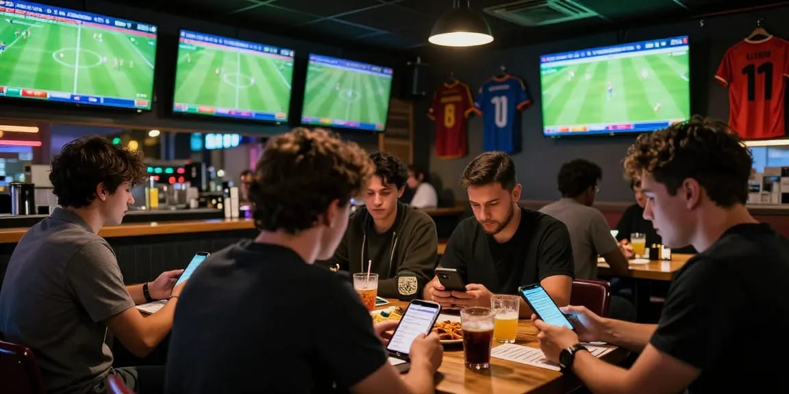 Fans engaged in ty le keo betting discussions in a lively sports bar atmosphere