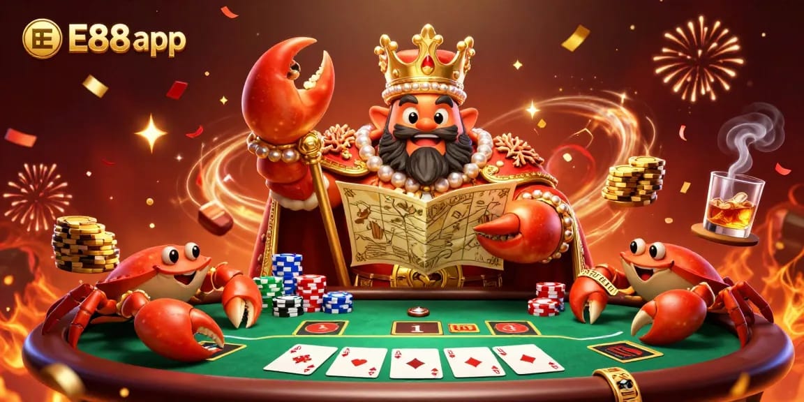 The EE88 app showcases a vibrant scene of a golden crab emperor with poker elements, inviting mobile gamers to join the excitement.