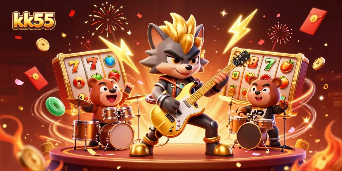 Engage with kk55's thrilling slot experience, featuring a rock star wolf on stage and dynamic game elements.