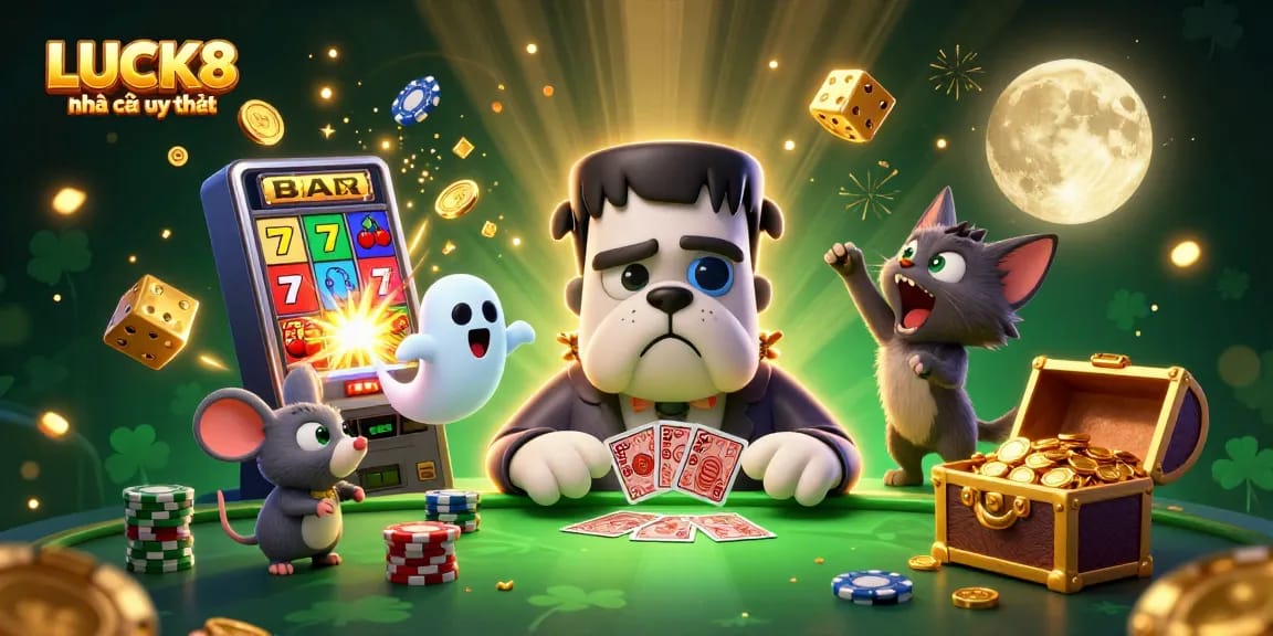 Experience LUCK8 nhà cái uy tín with an exciting illustration showcasing a vibrant, interactive casino atmosphere filled with characters and game elements.