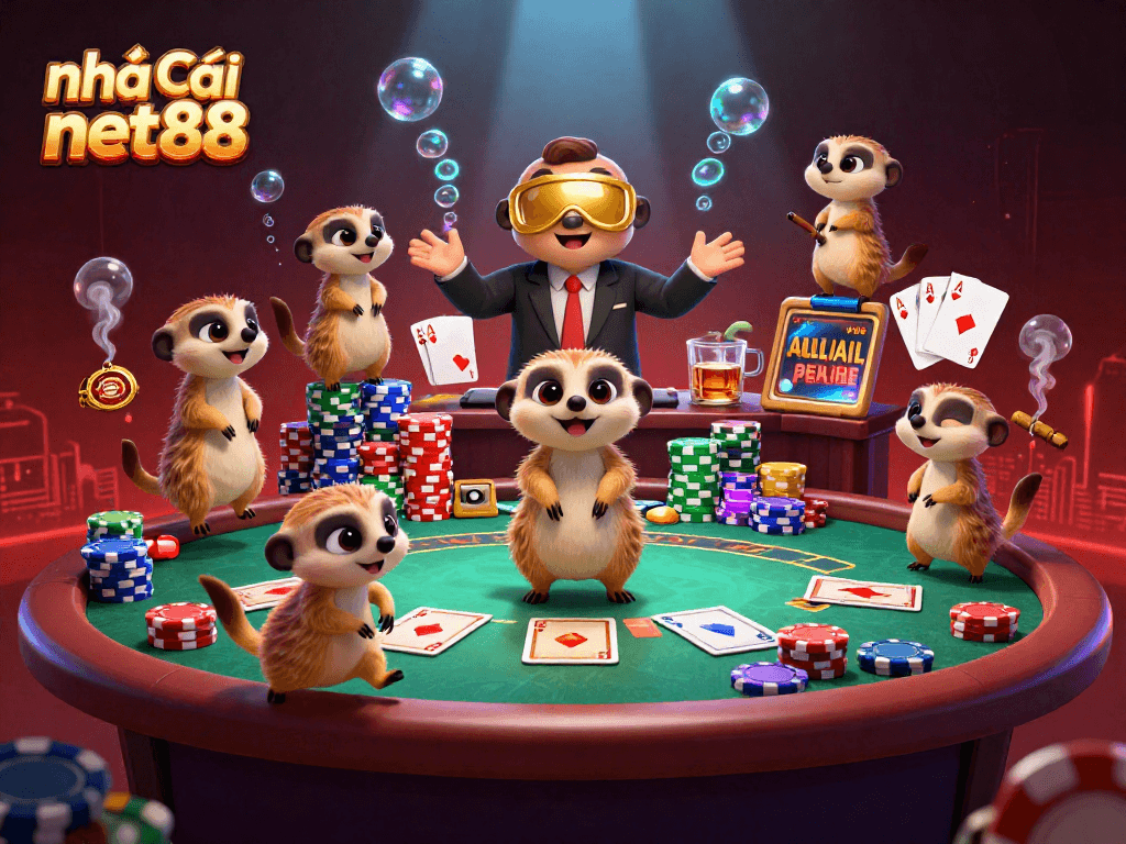 Engaging scene of nhà cái net88 with meerkats in a colorful casino, showcasing poker action and vibrant gaming atmosphere.