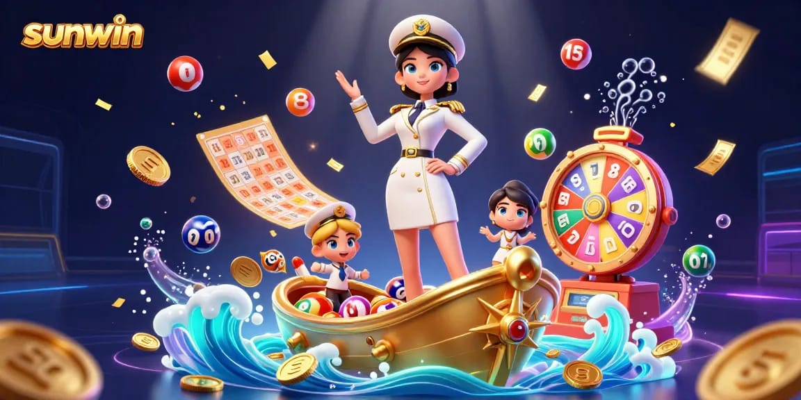 Play exciting games with sunwin's vibrant bingo and lottery elements swirling around in a dynamic scene.