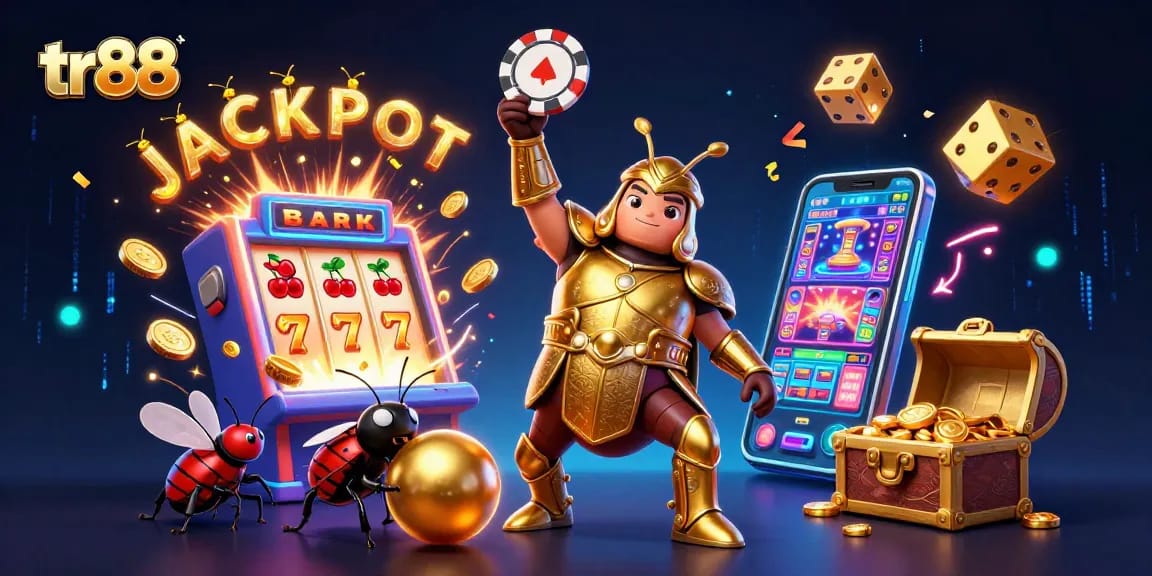 Join the action with tr88 as the hero beetle celebrates a jackpot win in a vibrant casino scene.