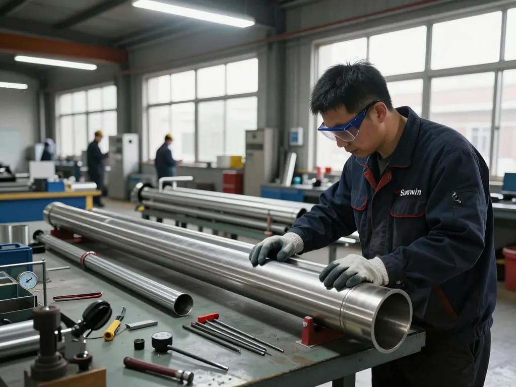 Technician inspecting Sumwin stainless steel pipes in a bright industrial workshop.