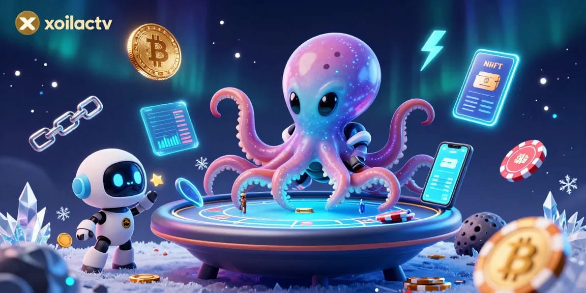 Engage with xoilactv's vibrant casino scene featuring a captivating alien octopus at a poker table.