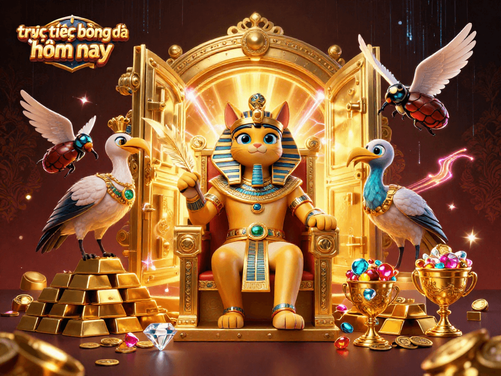 Experience trực tiếp bóng đá hôm nay with vibrant treasures, showcasing a golden throne and sparkling gems in this dynamic 3D illustration.