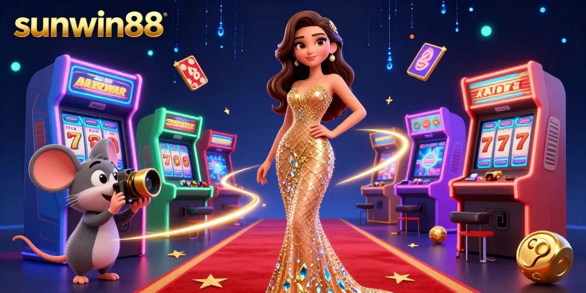 Engage in thrilling gameplay at sunwin88 with vibrant slot reels and a captivating character scene.