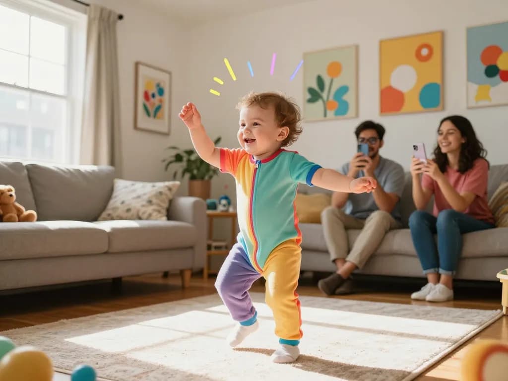 Adorable baby dance video capturing joyful movements in a colorful living room setting.