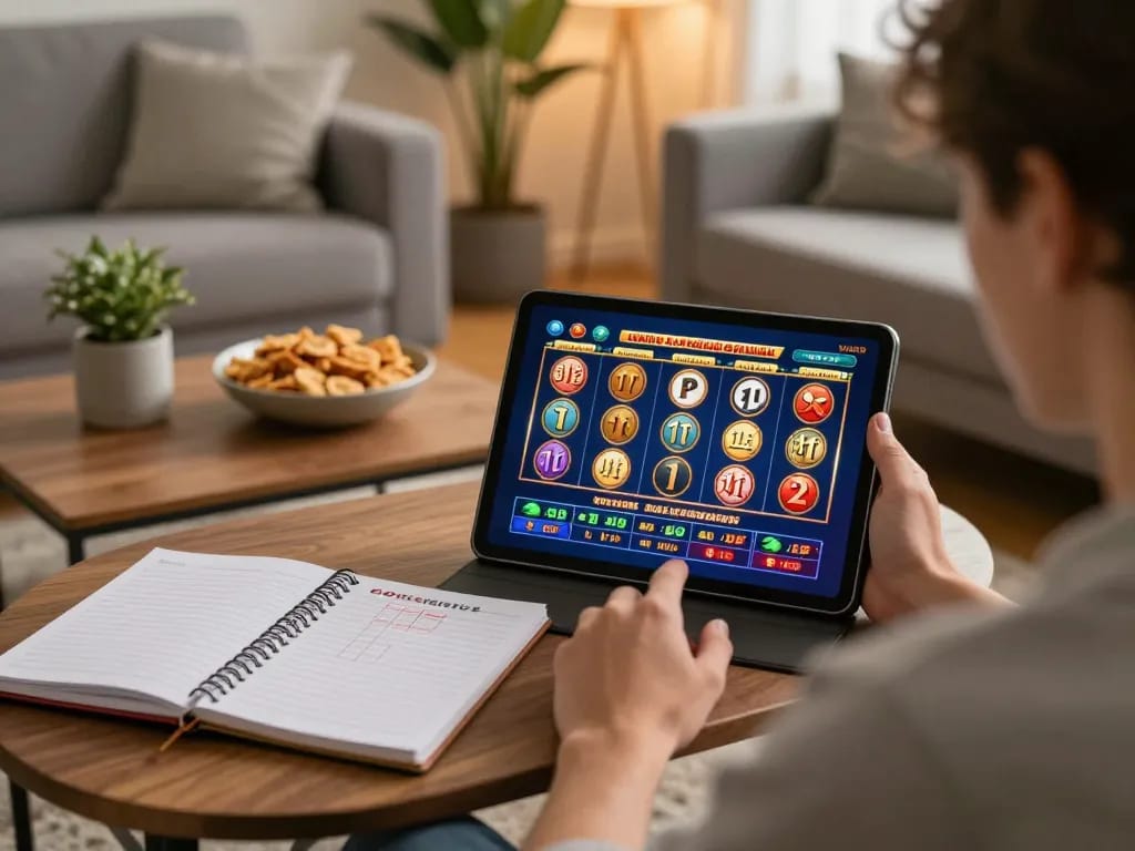 Player enjoying online casino games on tablet at home, highlighting 78win's interactive gaming experience.