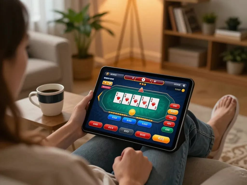 Engaging online poker gameplay on a tablet showcasing JUN88 in cozy home setting.