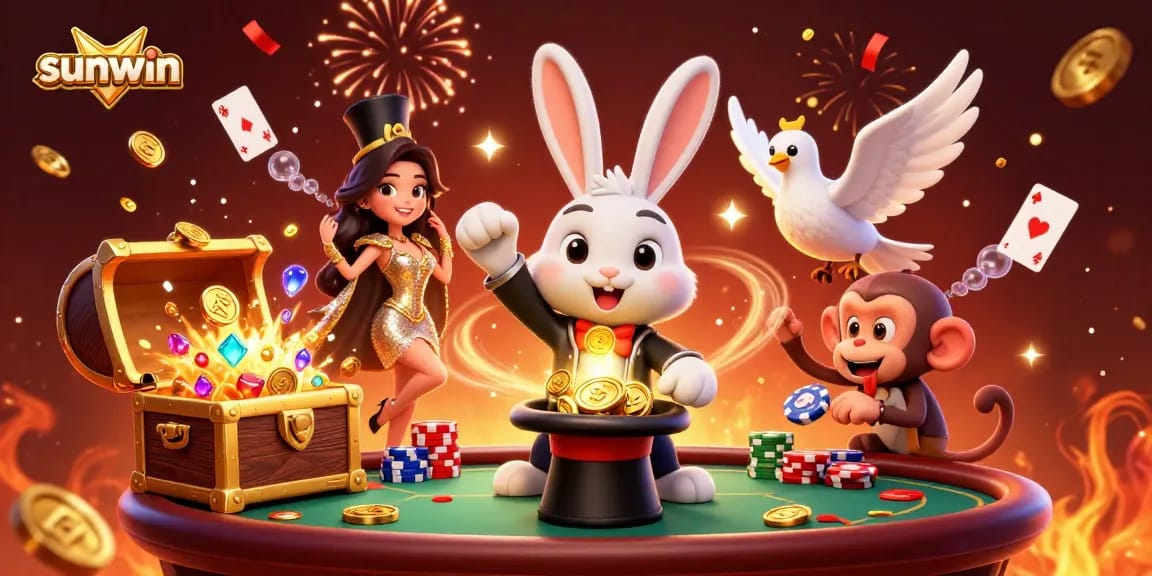 Experience the excitement of sunwin with this dynamic 3D illustration featuring a magician rabbit, coins, and poker chips.