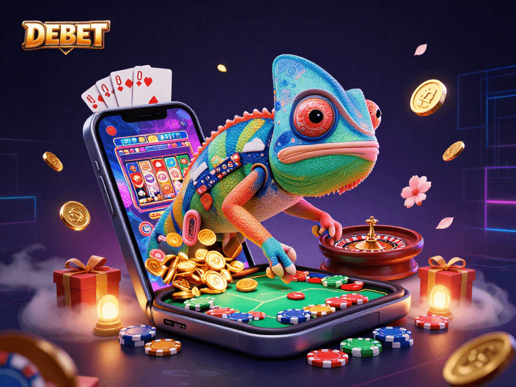 Engage with DEBET's casino excitement through a vibrant 3D illustration highlighting games and rewards.