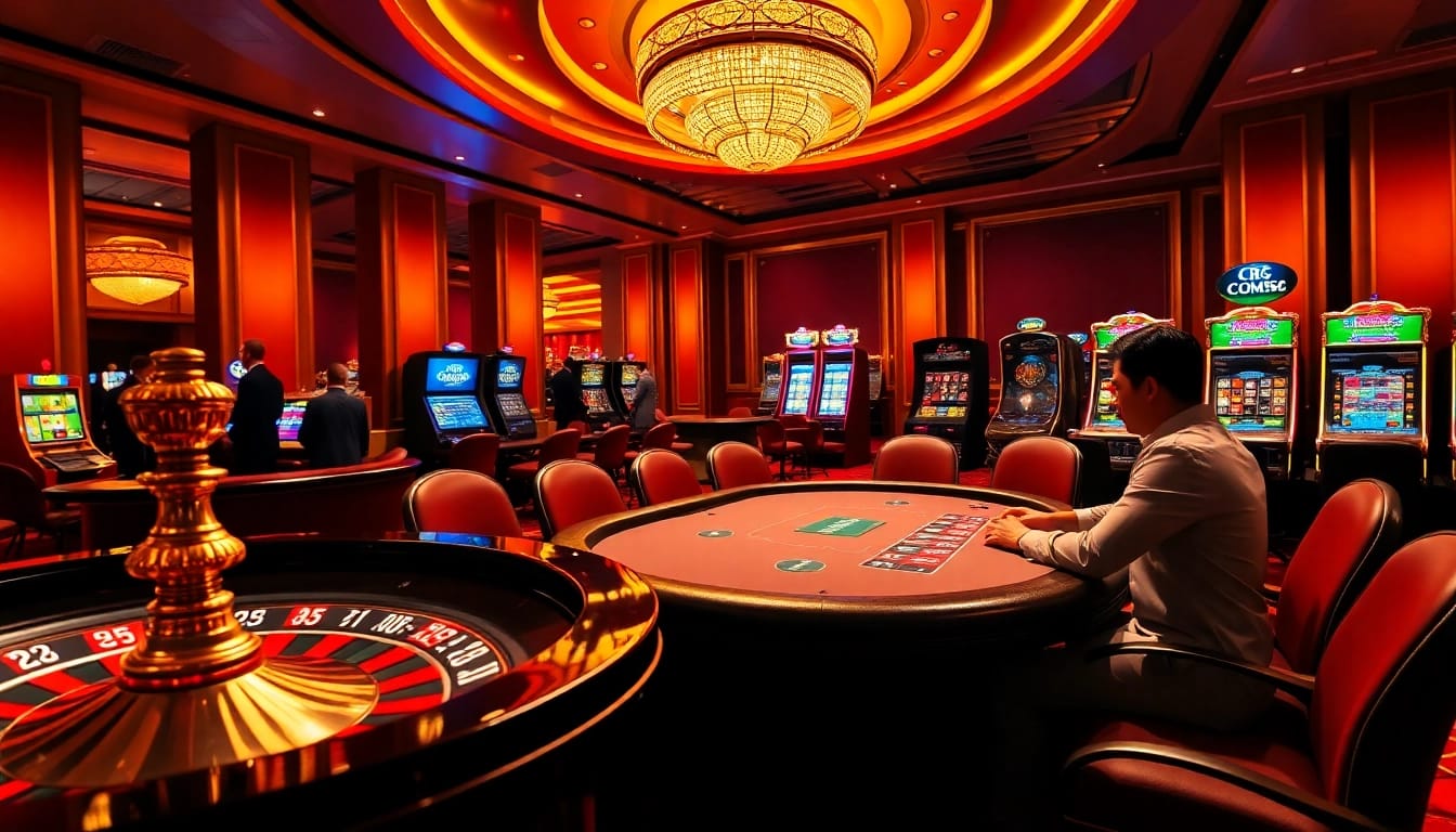 CM88 gambling experience at a vibrant casino featuring roulette, poker, and slot machines.