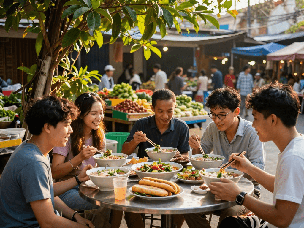 Experience vibrant street food culture at https://joeyvisavietnam.com/ with friends savoring local dishes.