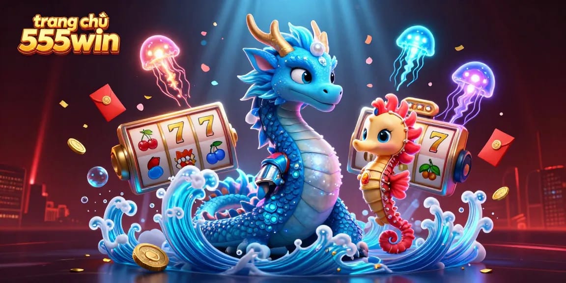 Experience the dynamic world of trang chủ 555win as the dragon, knight, and jellyfish engage with vibrant gambling elements.