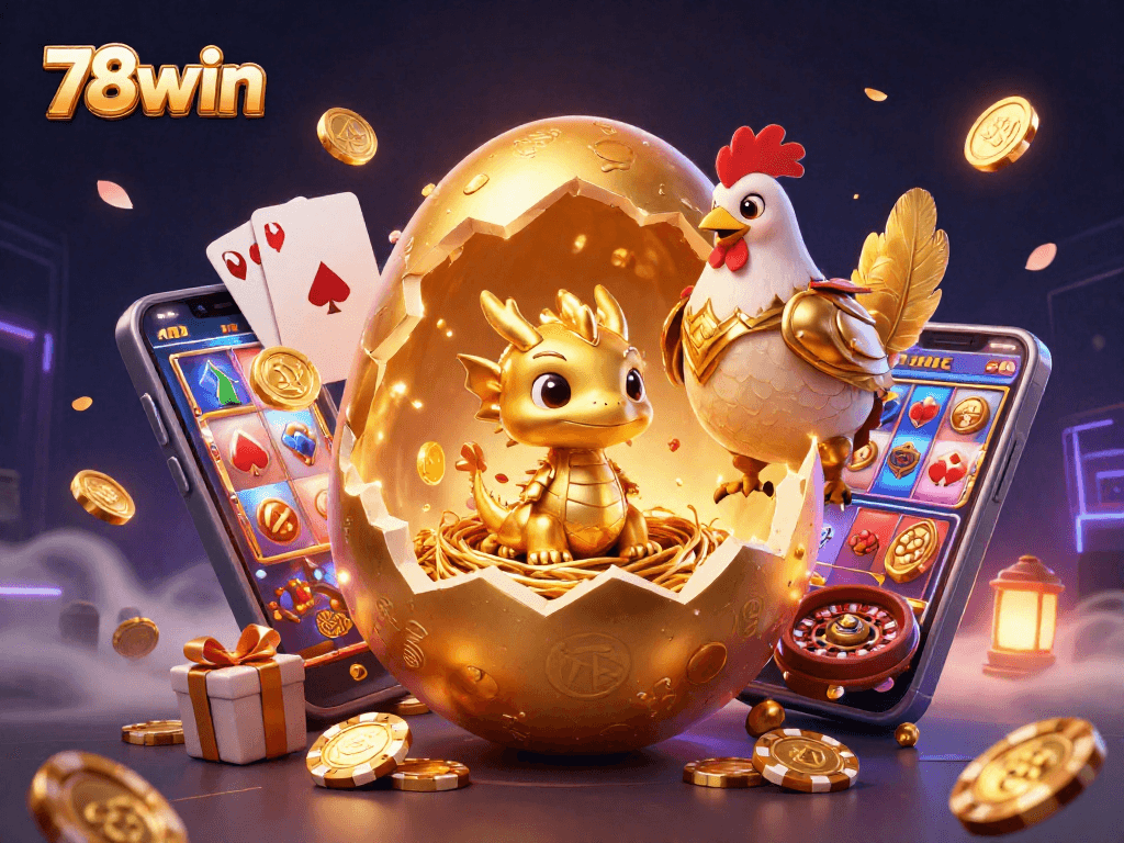 Experience thrilling gameplay with 78win as a golden dragon emerges from a poker chip nest.