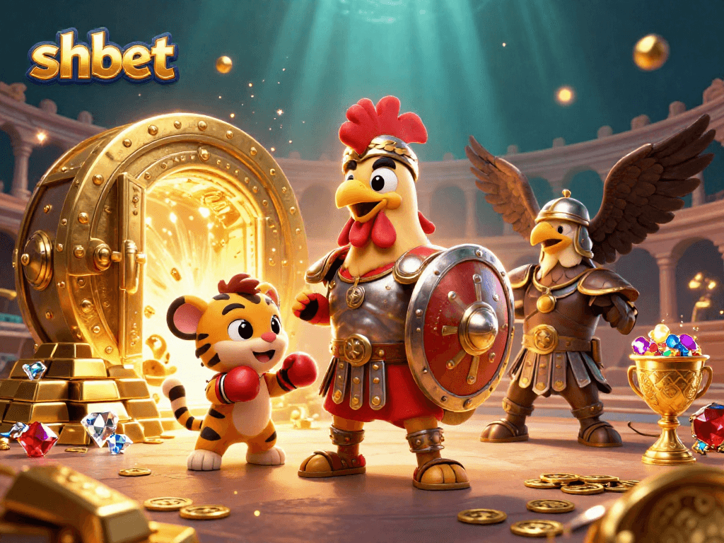 Experience thrilling gameplay at shbet, featuring a dynamic scene of cartoon characters amidst a treasure-filled casino arena.