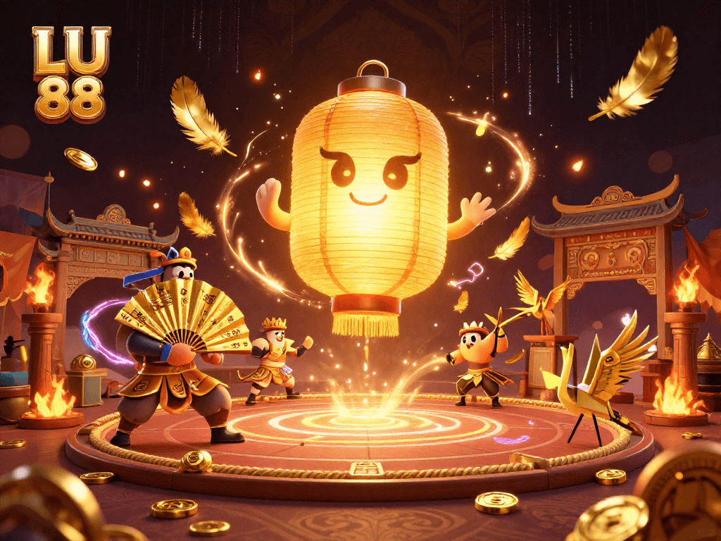 Experience the excitement of LU 88 gaming with a magical golden lantern spirit above a thrilling night market casino scene.