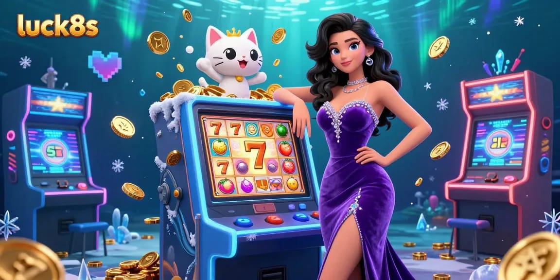 Engage with luck8s as the glamorous character tests her luck on a jackpot slot machine amidst a colorful casino scene.