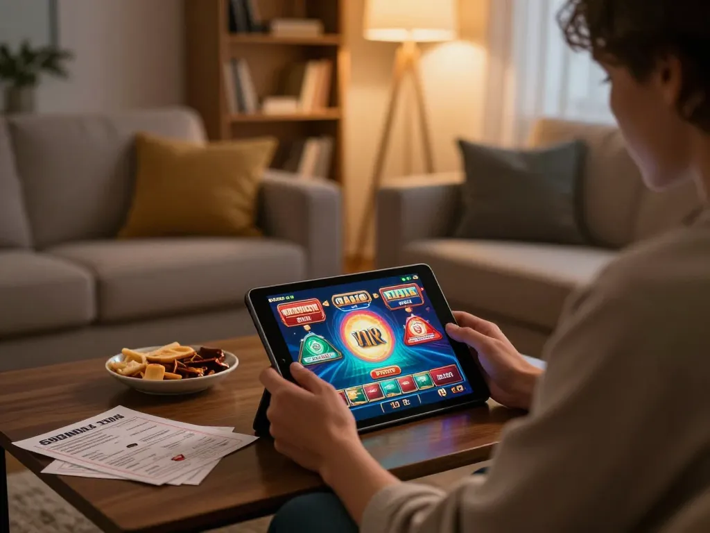 Nohu90 user enjoying online slot gameplay on tablet in a cozy home environment, emphasizing responsible gaming.
