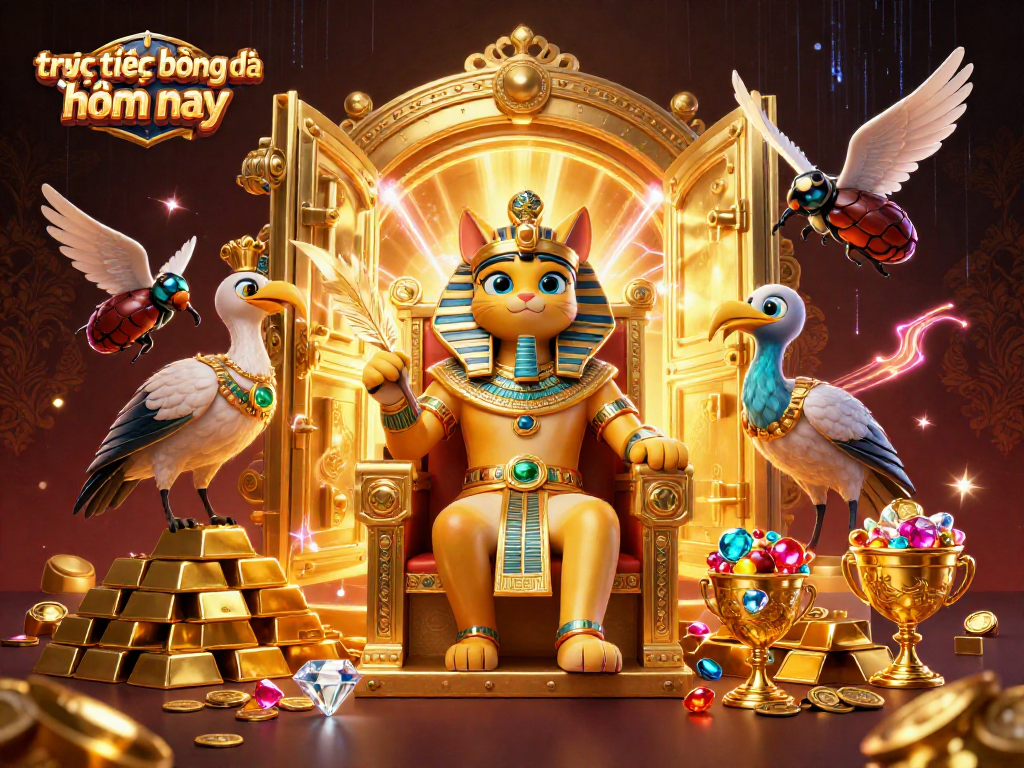 Experience trực tiếp bóng đá hôm nay with vibrant treasures, showcasing a golden throne and sparkling gems in this dynamic 3D illustration.