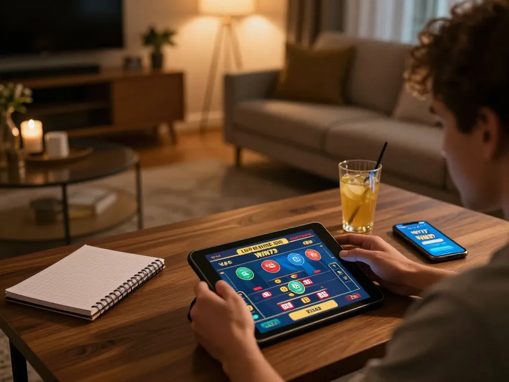 Player enjoying WIN79 online casino game on tablet in a cozy home setting, emphasizing comfortable gameplay.