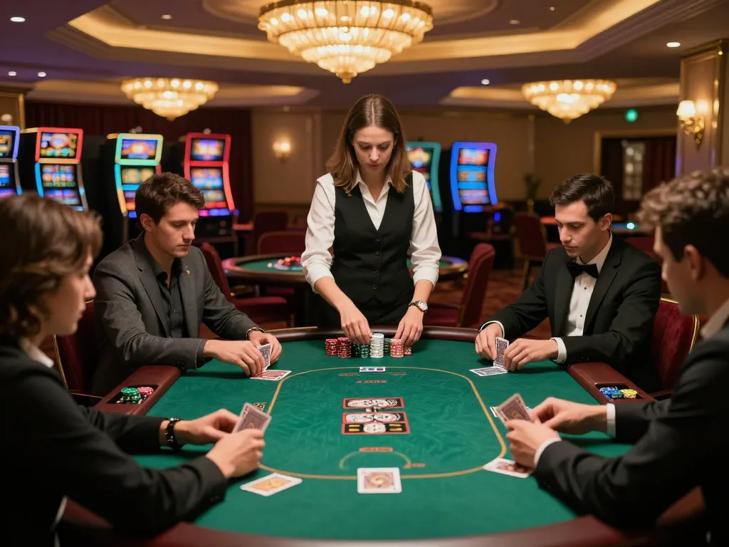 Players strategizing at the poker table on trang chủ 23win with warm casino lighting and elegant decor.