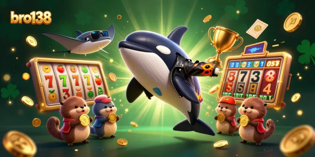 Experience the thrill of bro138 slots with an orca whale and otters in a vibrant 3D illustration.