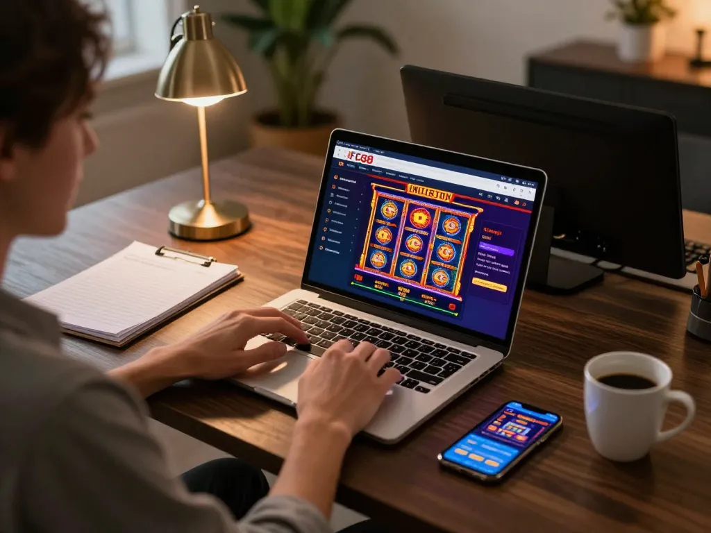 Player engaging with the FC88 online casino interface in a cozy gaming setup