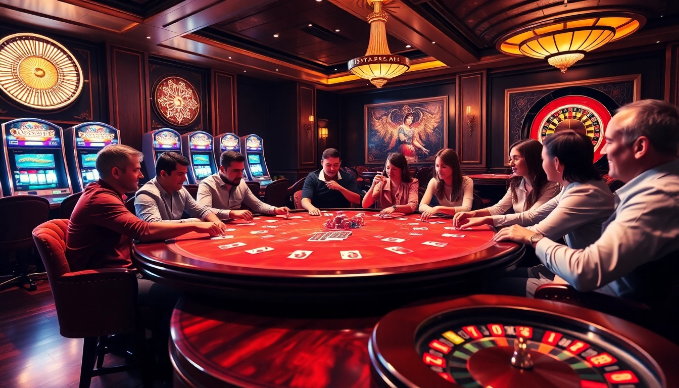 Experience the excitement of gambling at https://8kbetwin.com/ with this vibrant casino scene featuring poker players and slot machines.