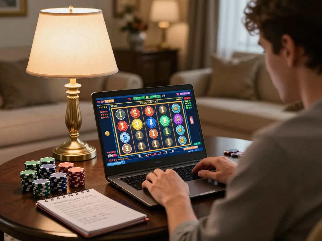 Player engaging with lv88 online casino game on laptop, vivid slot interface visible, warm home setting