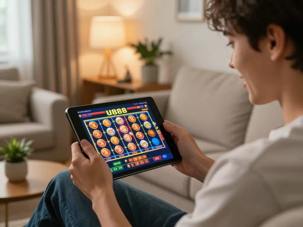 Player engaging in online slots on U888 mobile app in a cozy home setting