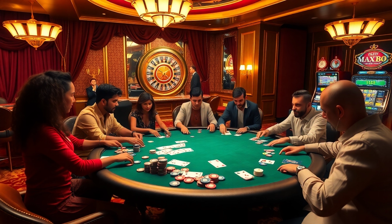 High-stakes poker game scene illustrating the excitement of online gambling at https://max88.bz/ with vibrant chips and cards.
