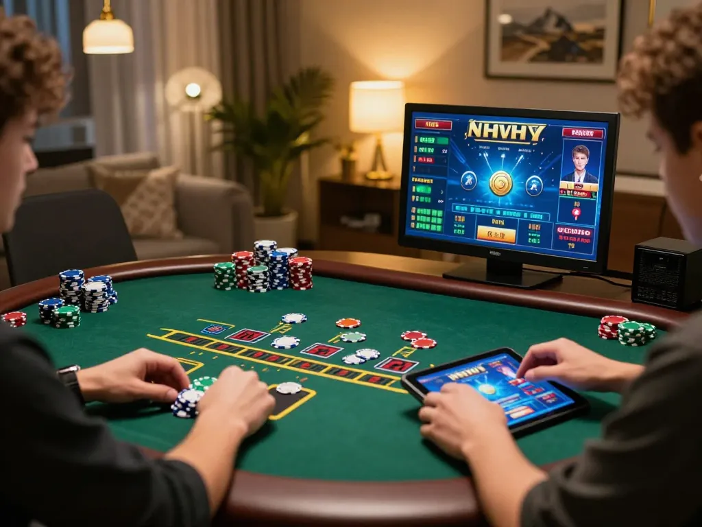ta88 player engaging with a live dealer blackjack game on a tablet at home, showcasing excitement and dynamic gameplay