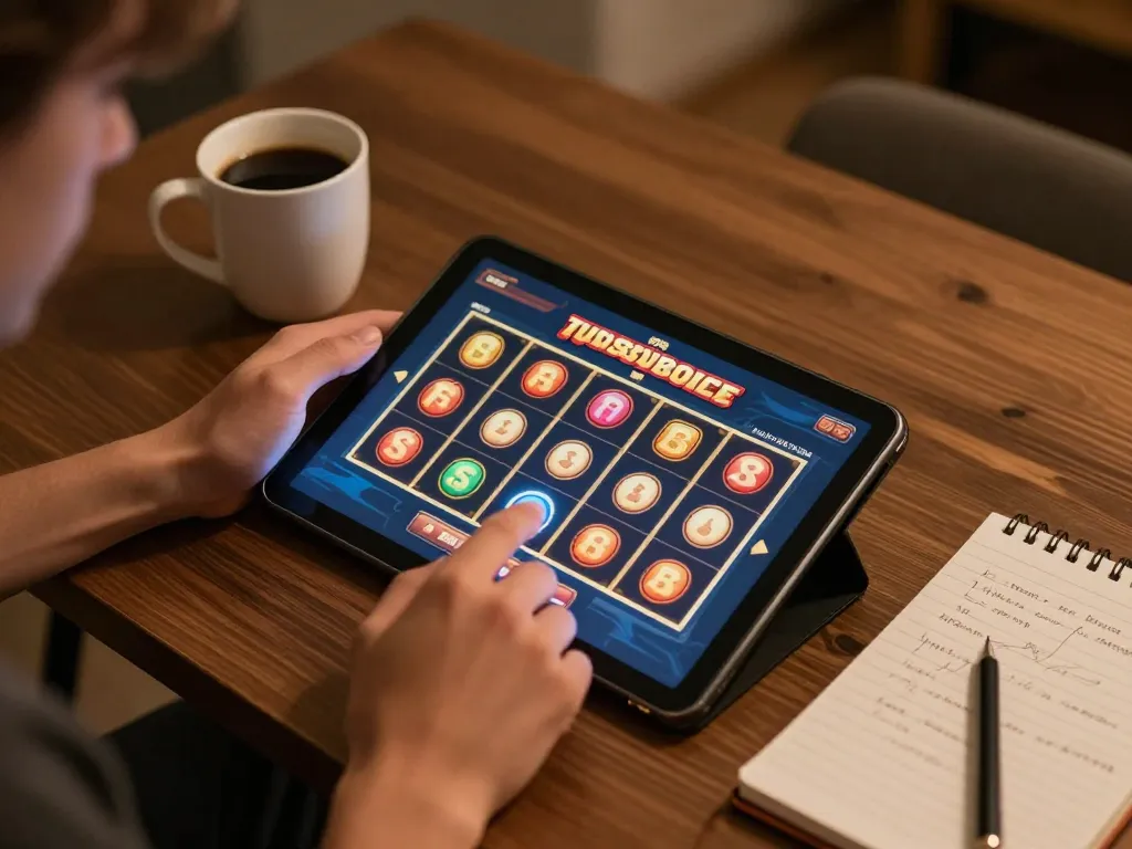 Engaging with online slots on jun88 tablet, cozy gaming atmosphere