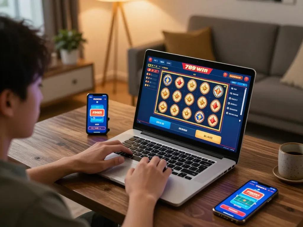 Player immersed in 789win online slots, showcasing vibrant game graphics and home gaming setup