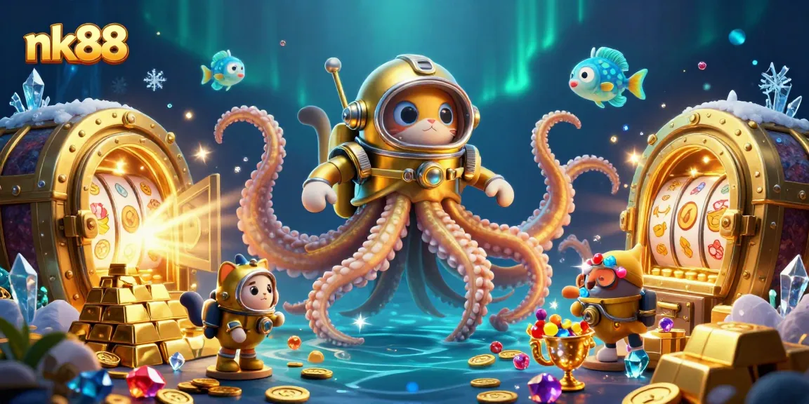 Spin the reels of fortune at nk88, featuring a kraken and treasures in a vibrant 3D gaming scene.