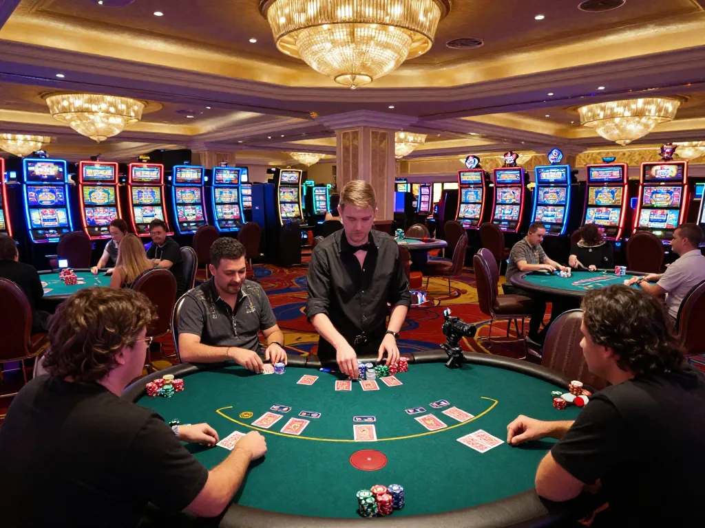 Players enjoying poker games on the lively casino floor at fly88 com, showcasing strategic betting moments and vibrant atmosphere.