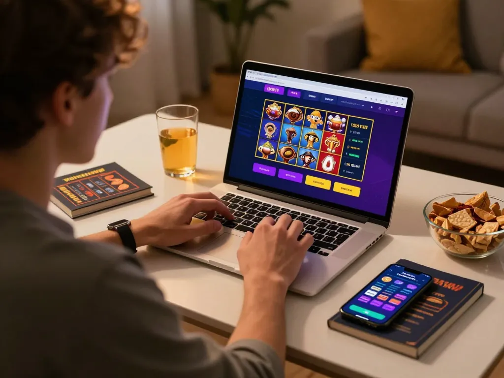 Login Vk88 on a player's laptop, showcasing colorful casino games in a cozy home setting.