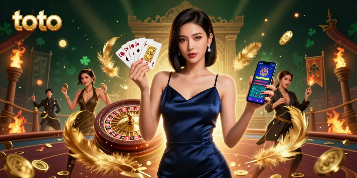 Engage in Toto gaming excitement with a stunning Asian woman confidently holding chips and a smartphone amidst a vibrant casino scene.