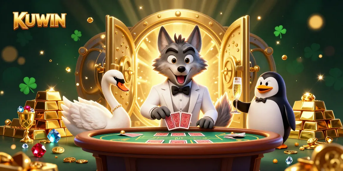KUWIN offers thrilling baccarat games as the wolf bets amidst sparkling jewels and treasures.