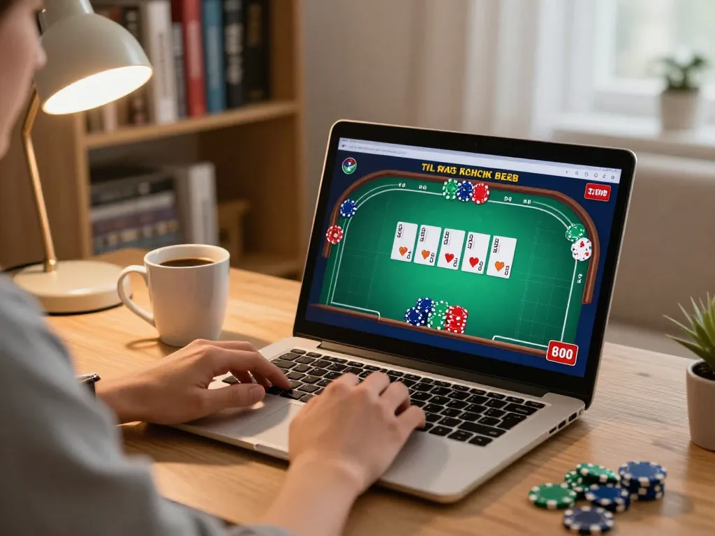 Engaged player at home using laptop for online HIT CLUB poker games.