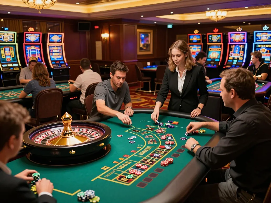 Exciting casino moment with players engaged at vipwin777 roulette tables, vibrant lights and ambiance